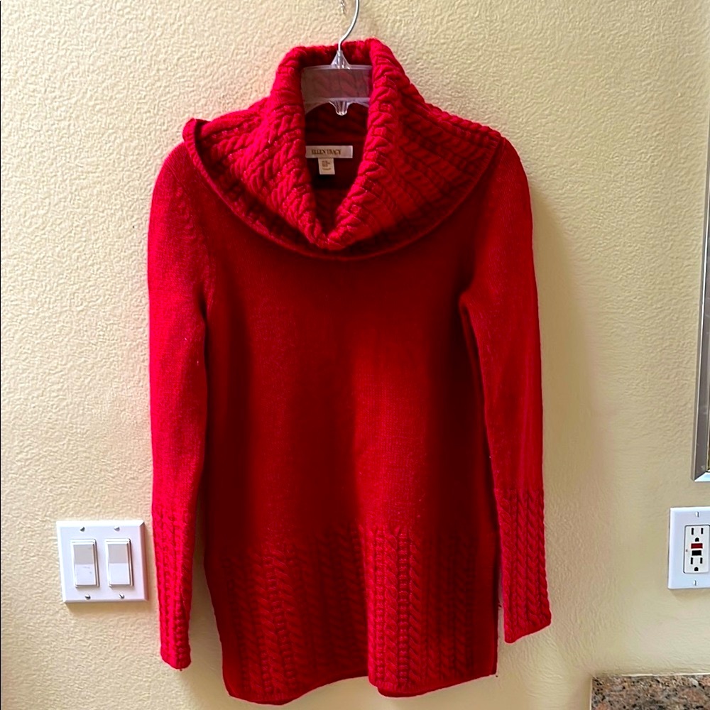Ellen Tracy Red Cowl Neck Sweater with Ribbed Texture